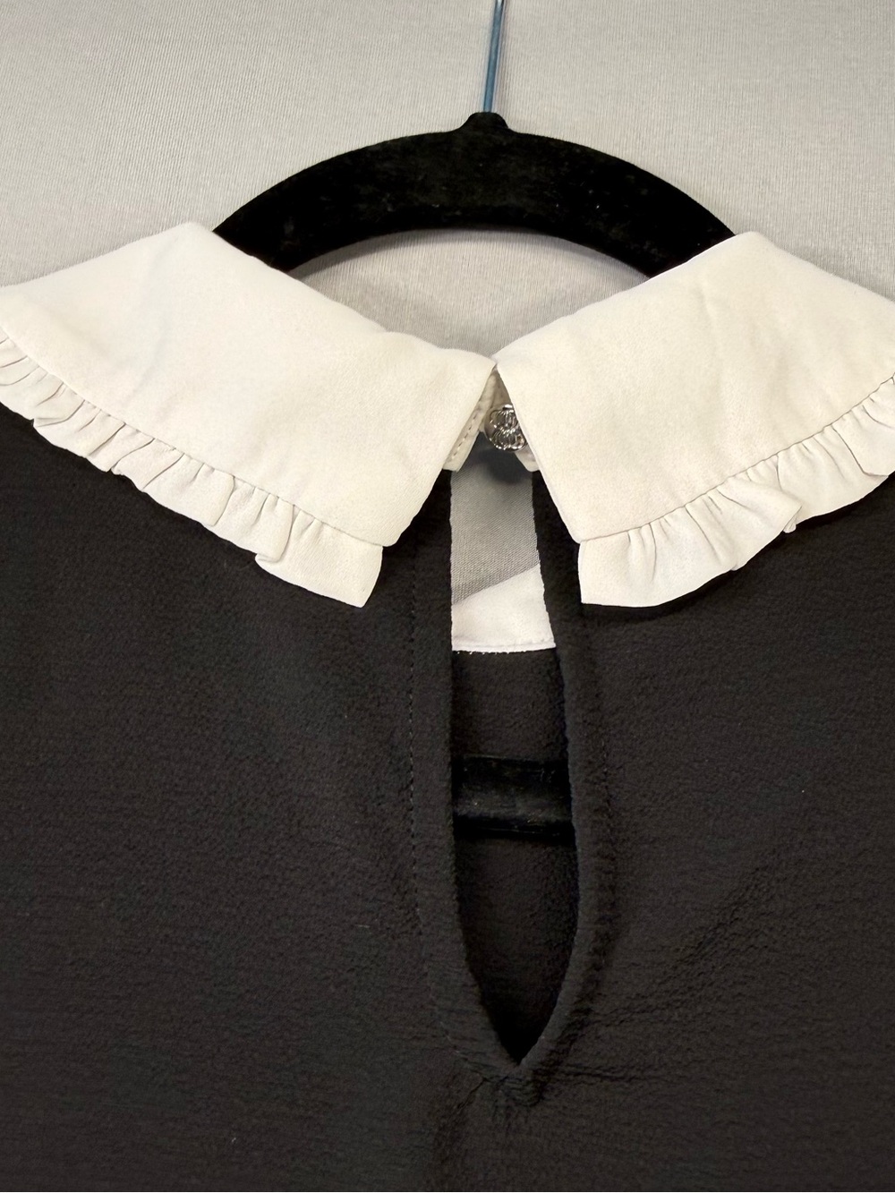 CeCe Black Short-Sleeve Blouse with White Ruffle Peter Pan Collar and Neck Tie - Picture 10 of 12